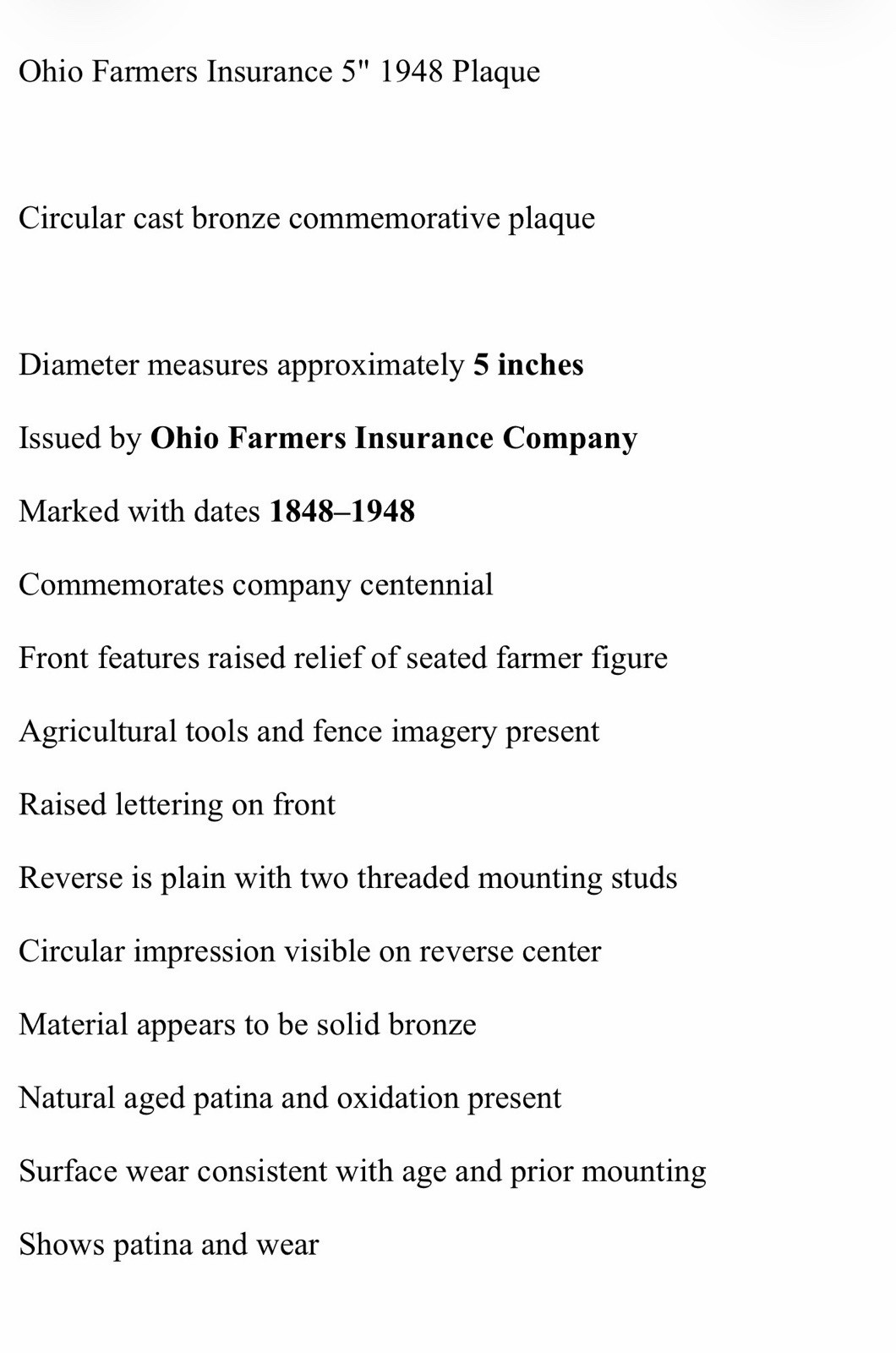 Ohio Farmers Insurance Company Bronze Plaque Centennial 1848–1948 Farmer 5″