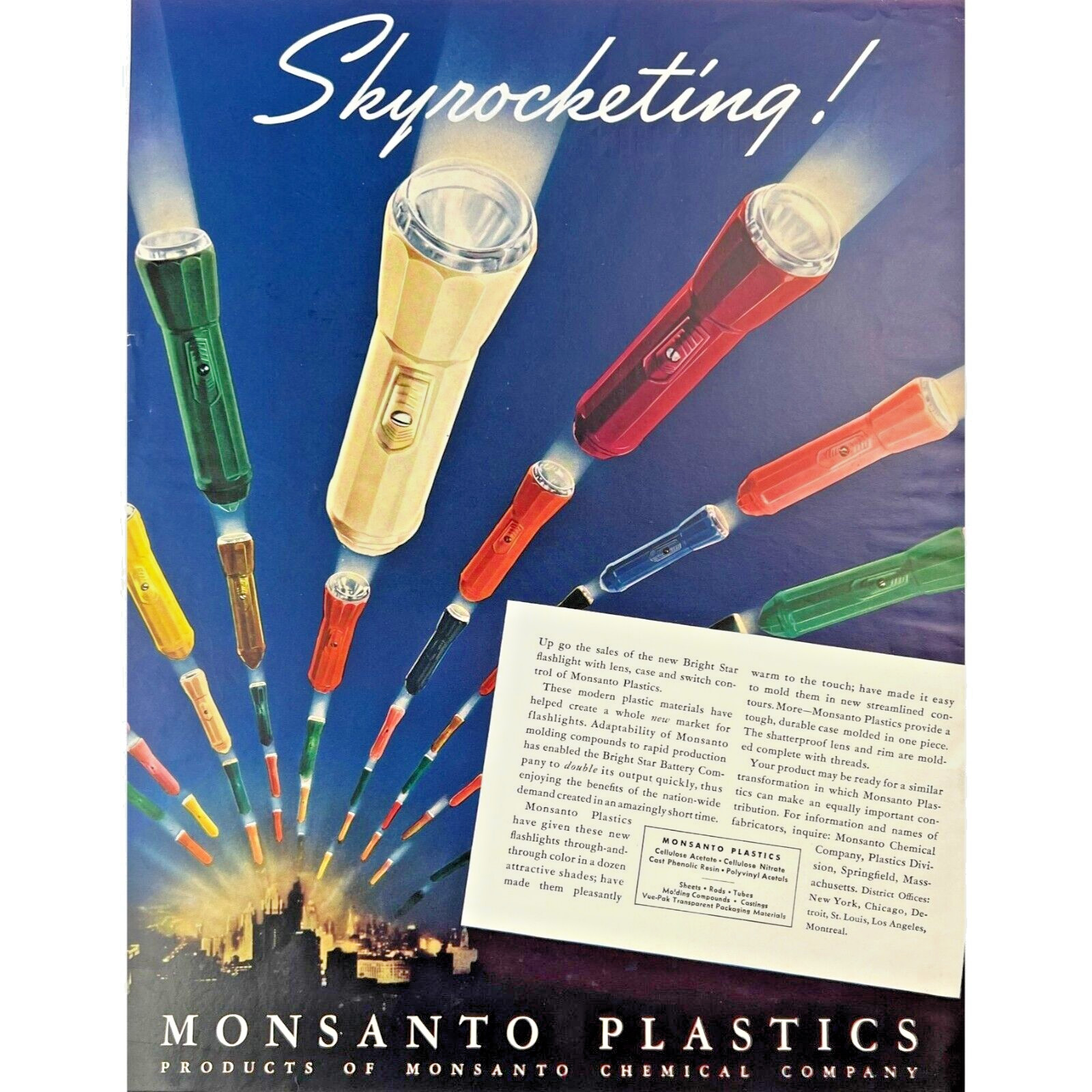 Original 1939 – MONSANTO PLASTICS – Flashlights – Full-Page Color Print Ad