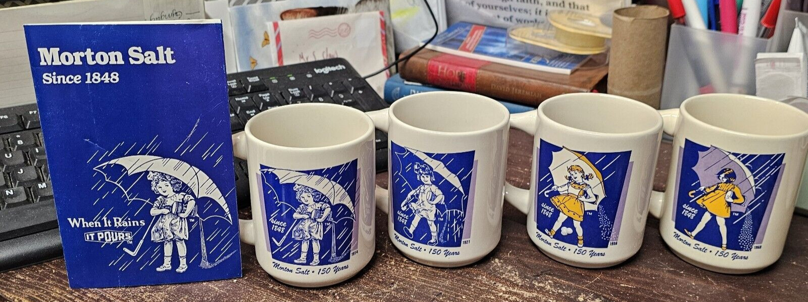 SET 4 VINTAGE MORTON SALT UMBRELLA GIRL COFFEE MUG/CUP, “WHEN IT RAINS IT POURS”