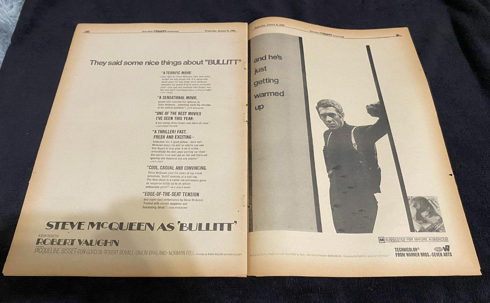 BULLITT with STEVE MCQUEEN 1968 ad kissing Jacqueline Bisset, Robert Vaughn