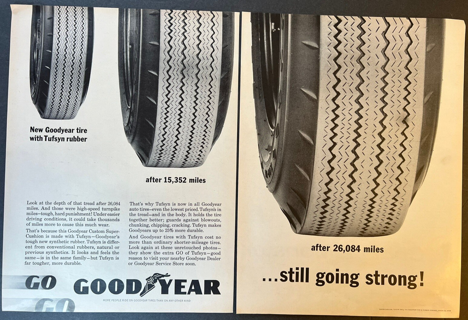 Vtg 1960s 2 Page Goodyear Tire Co. Ad, Tufsyn Rubber, Still Going Strong!