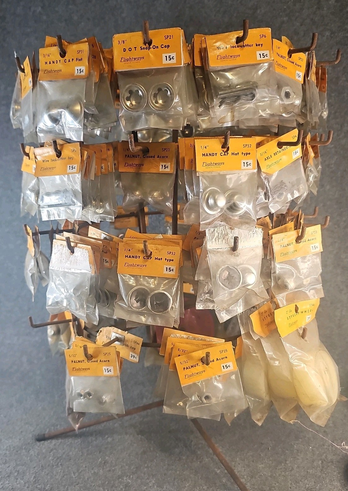 Vintage Flightways Countertop Spinning Hardware Display Rack Loaded NOS Rusty