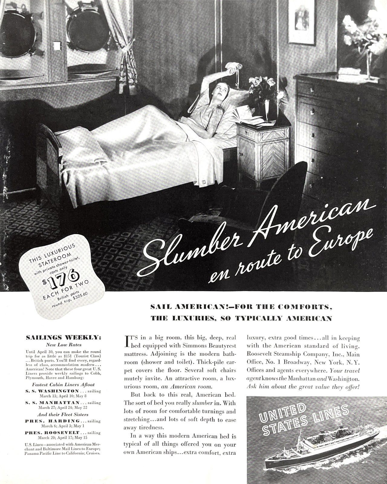 United States Lines Ship Cabin Stateroom Interior Luxury Travel Vtg Mag Print Ad