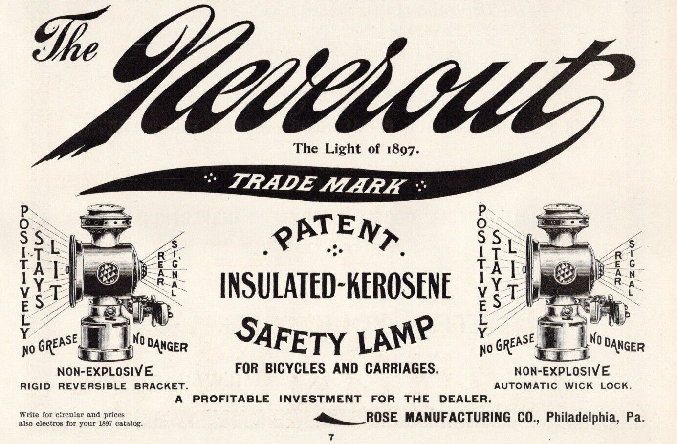 1896 Neverout Insulated Kerosene Safety Lamp Rose Mfg Co Bicycle Dealer Print Ad