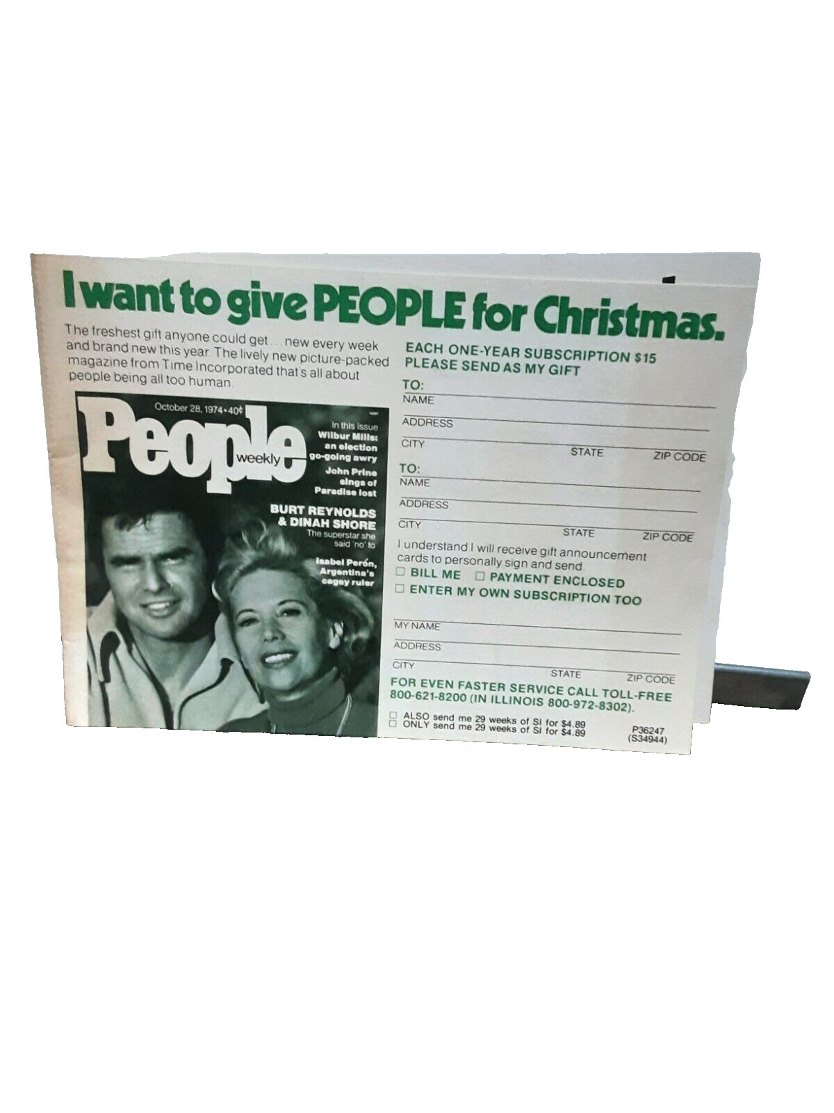 1974 People Magazine Burt Reynolds Dinah Shore Mail Card vintage
