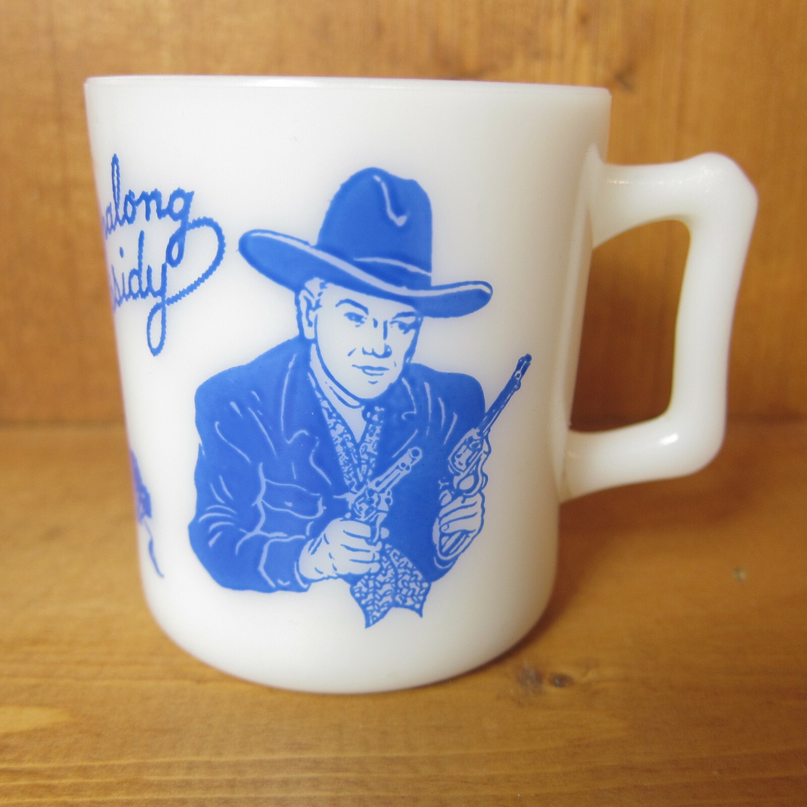 Vintage 1950s Hopalong Cassidy Milk Glass Mug Cup Western Hazel Atlas, Blue