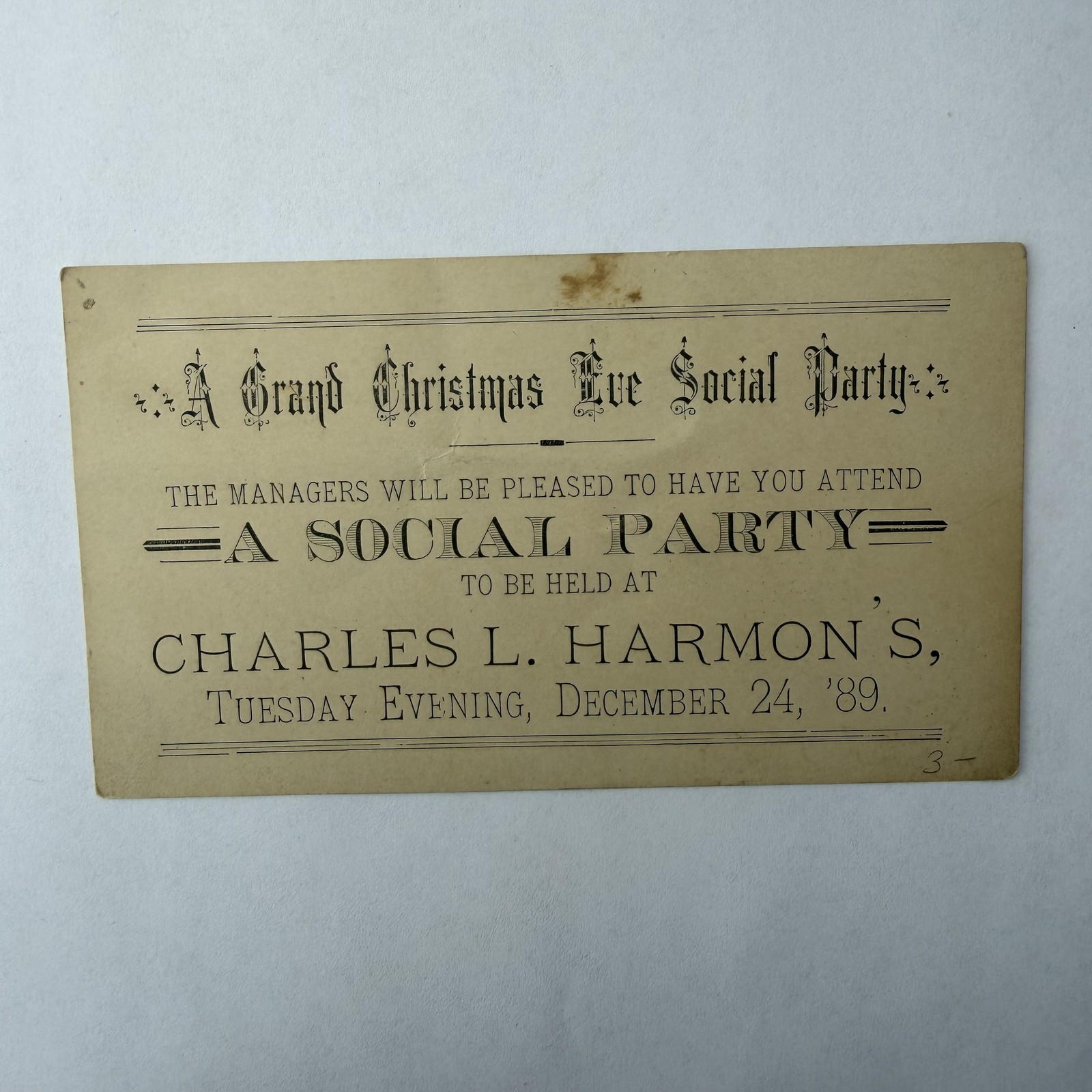1889 Charles L Harmon Chicago IL Christmas Eve Social Party Gilded Age Ephemera