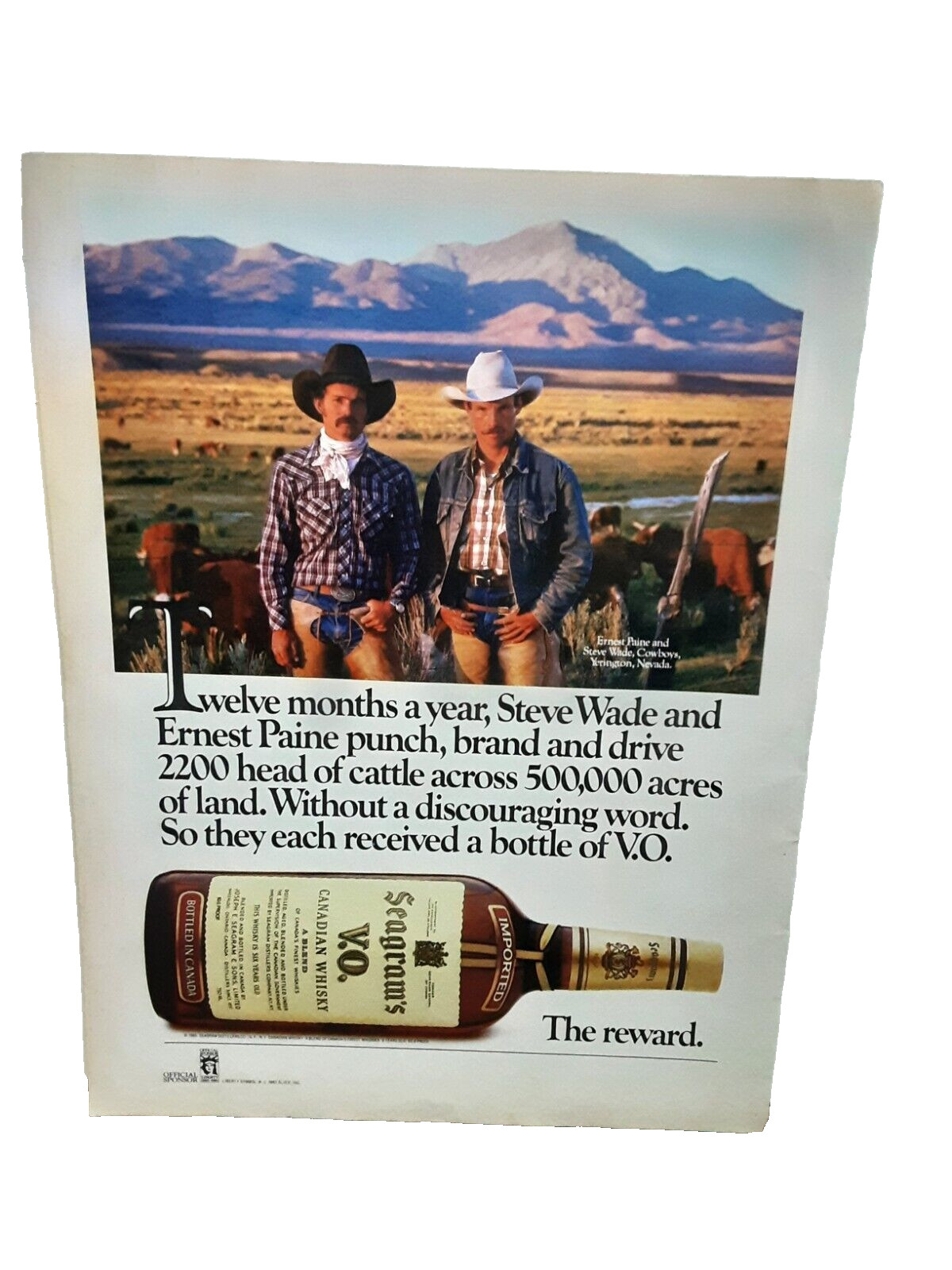 1986 Seagrams VO Whisky Wade and Paine Drive Cattle Original Print Ad 80s