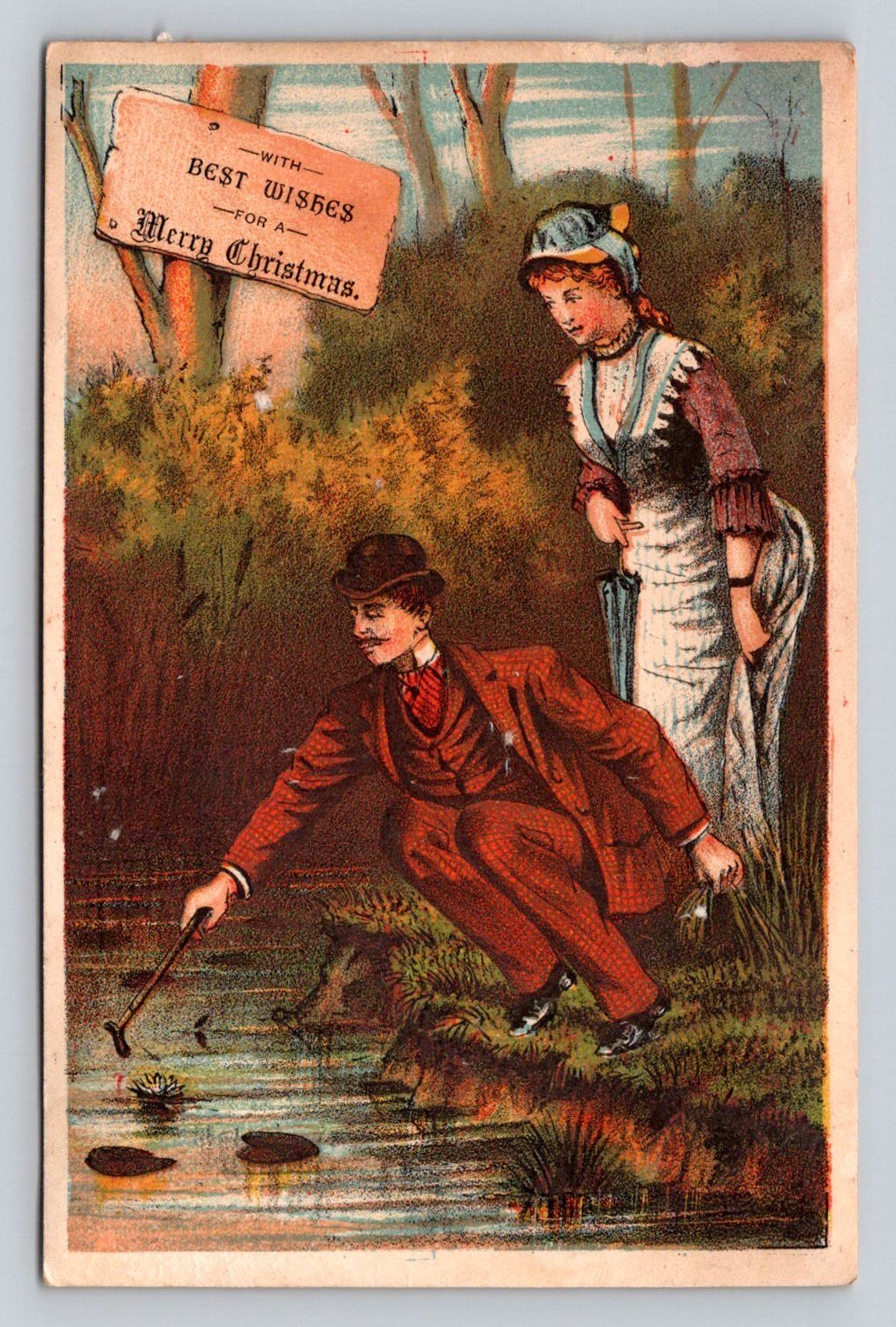 Best Wishes Merry Christmas Man Woman Couple Water Edge Stock Unbranded P391