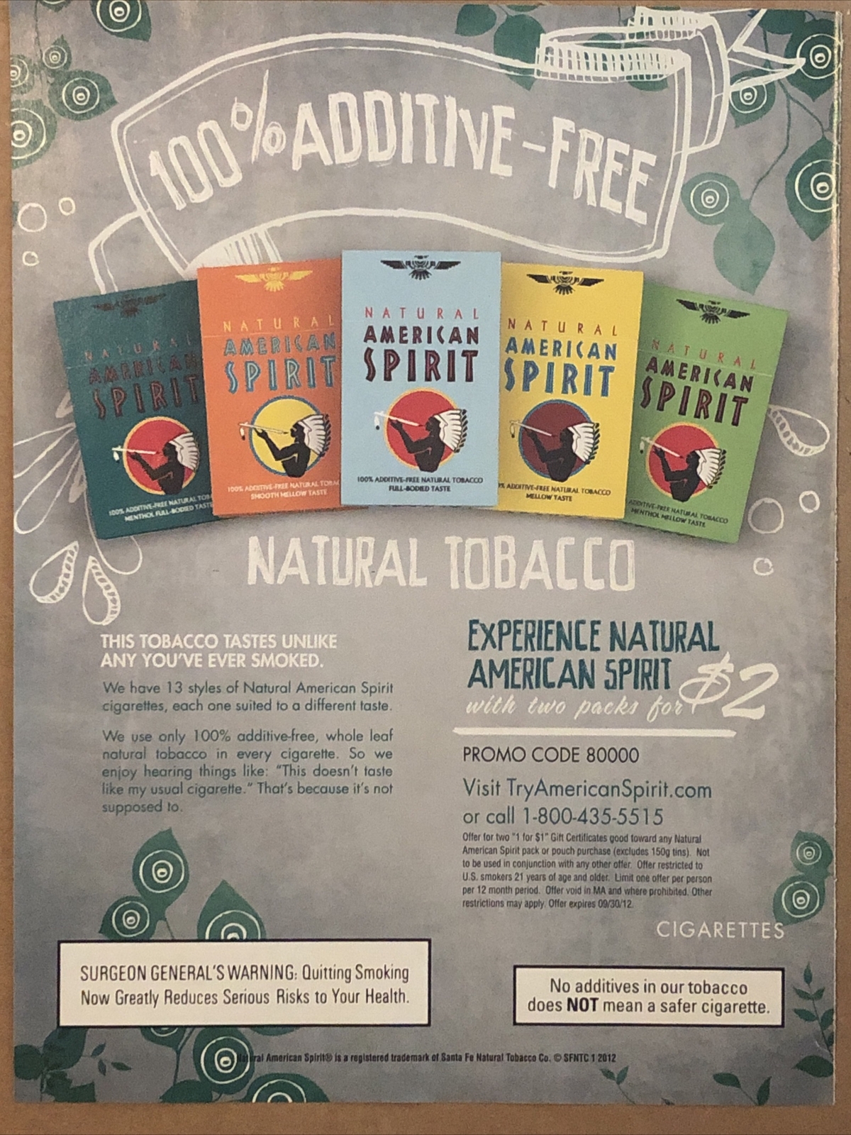 2012 American Spirit Cigarettes PRINT AD Natural Tobacco 100% Additive Free