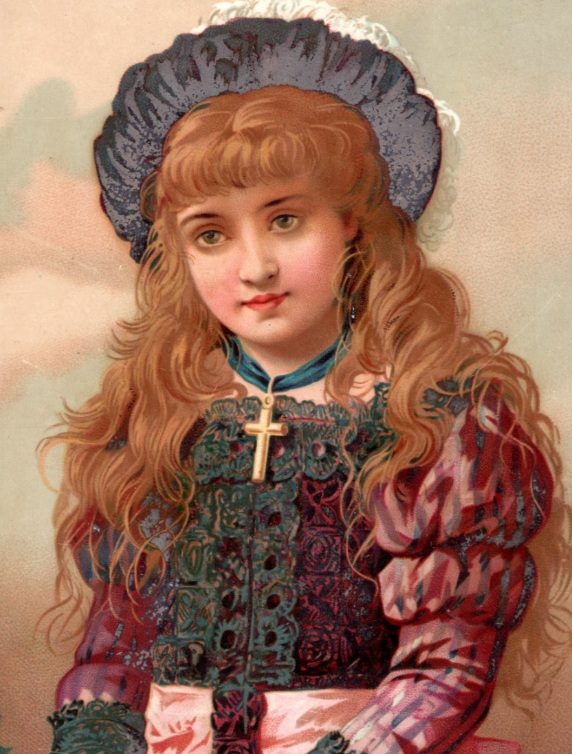 1880s Victorian Christmas Trade Card Beautiful Girl Holding Holly 3E