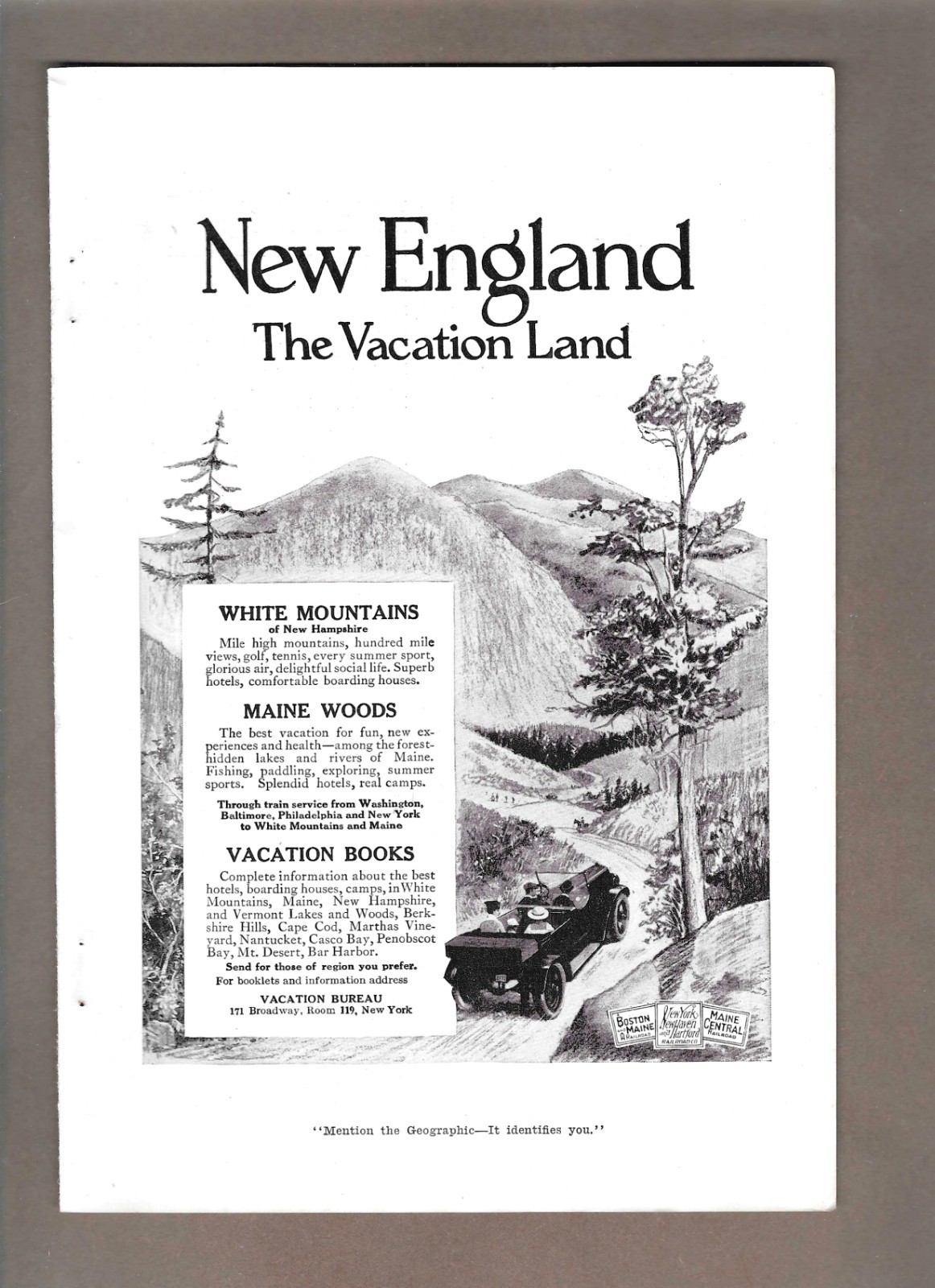 1917 New England “The Vacation Land” White Mountains, Maine Woods Vintage Ad