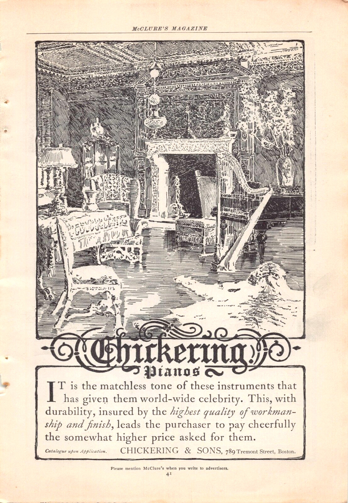 Chickering & Sons Pianos Boston Massachusetts 1903 Vintage Print Ad