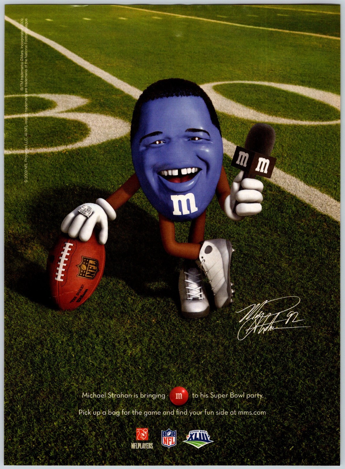 2009 MICHAEL STRAHAN AS A M&M NFL FOOTBALL M&M’s CANDY 8″X10.5″ Magazine Ad M743