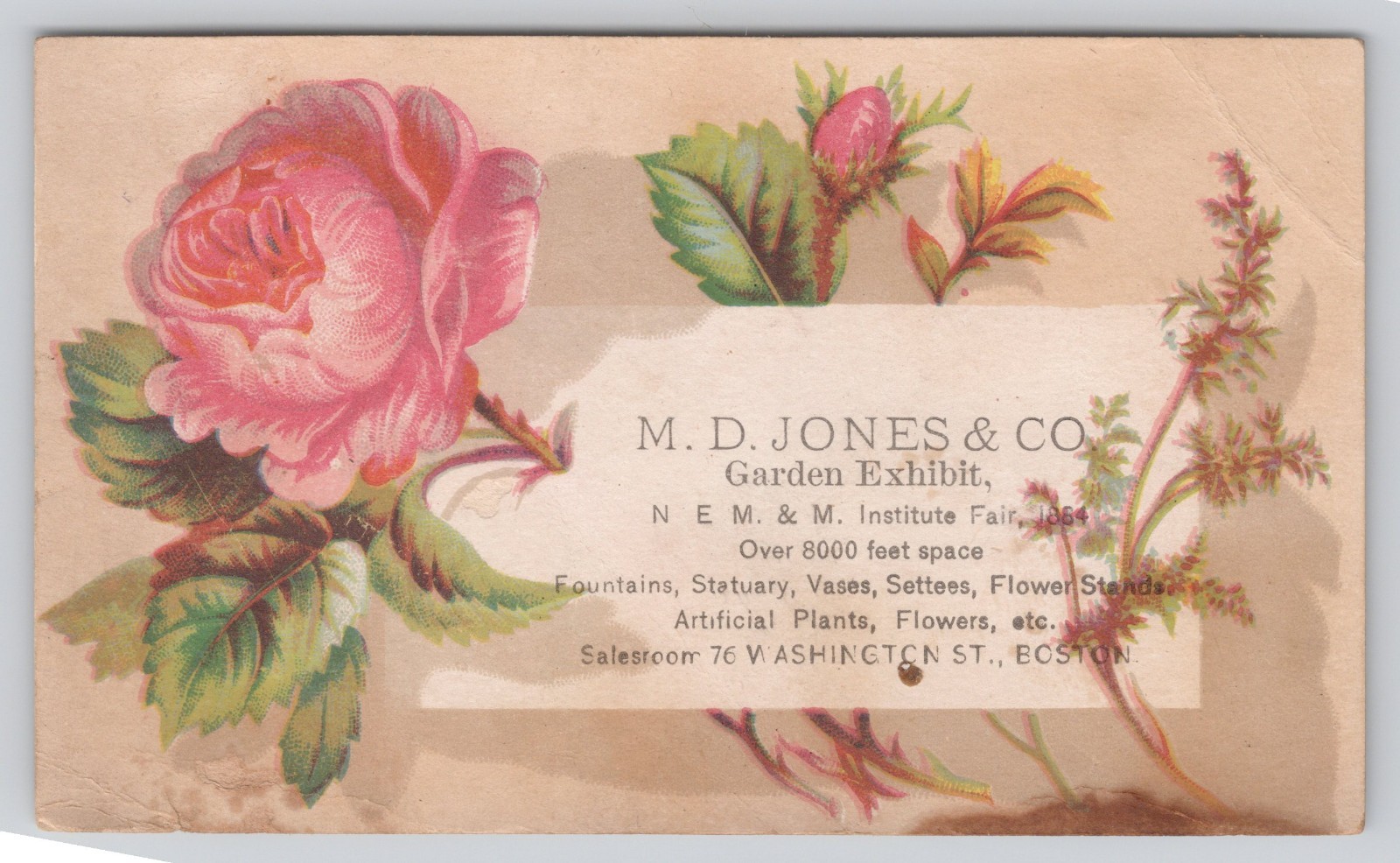 Victorian Trade Card c1880 MD Jones & Co Garden Exhibit Ad Boston Mass. Roses