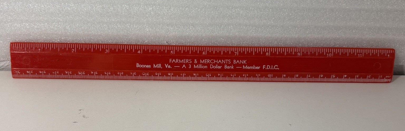 BOONES MILL, VIRGINIA VA Vintage Farmers & Merchants Bank Advertising 12″ Ruler