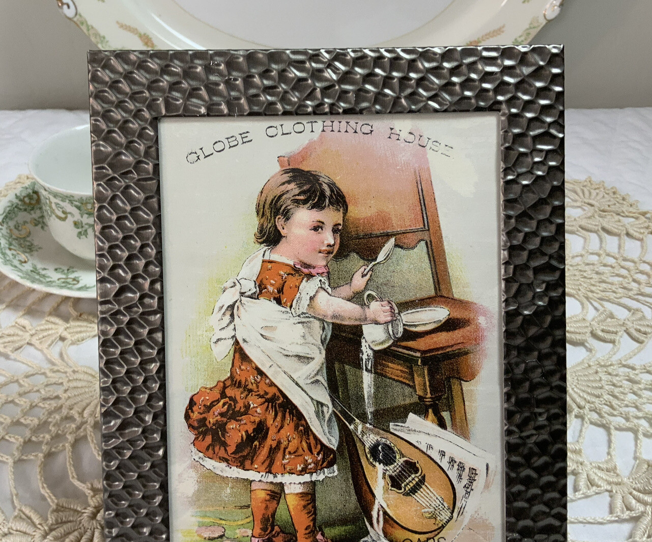 Vintage Antique Framed Victorian Trade Card, Late 1800’s, Young Girl With Chair