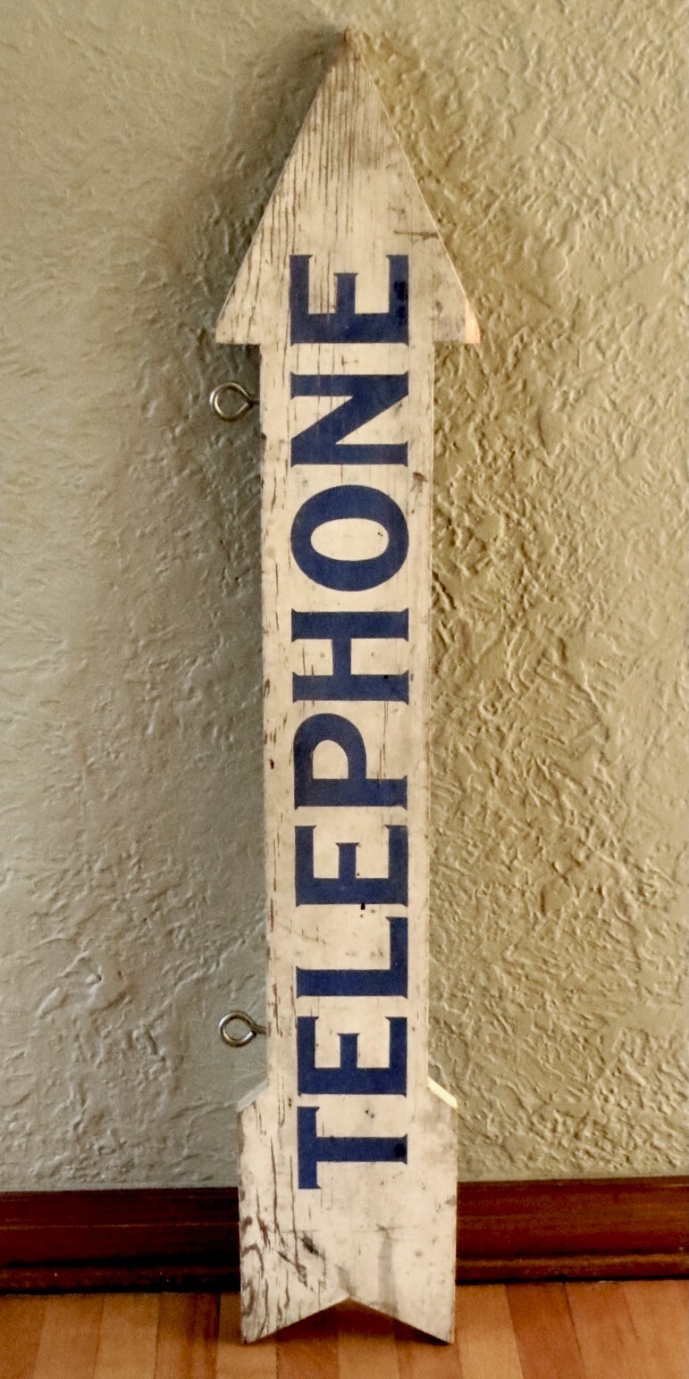 Vintage Hand Made 4′ Wood Arrow Sign Says “Telephone” / 2 Sided / Ready to Hang