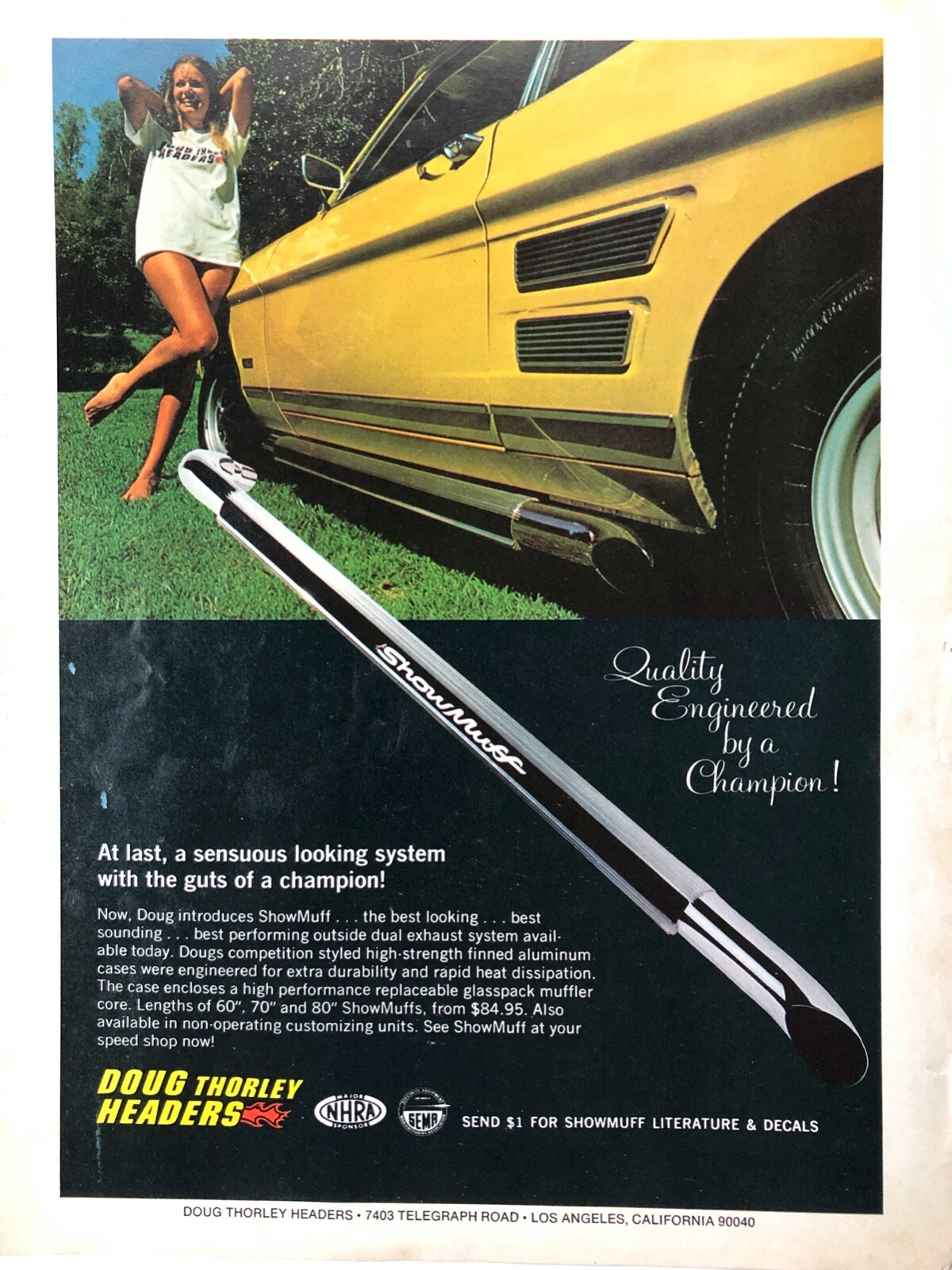 Vintage 1973 Sexy auto parts Doug Thorley exhaust original color ad