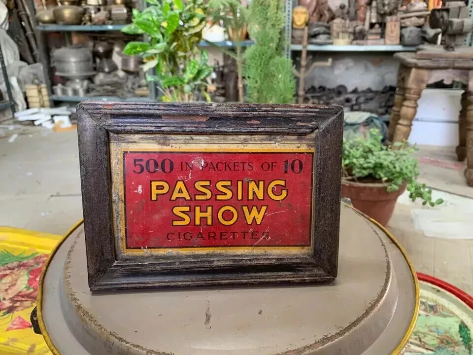 Vintage Passing Show 500 Cigarettes Advertising Litho Tin Sign Wooden Frame