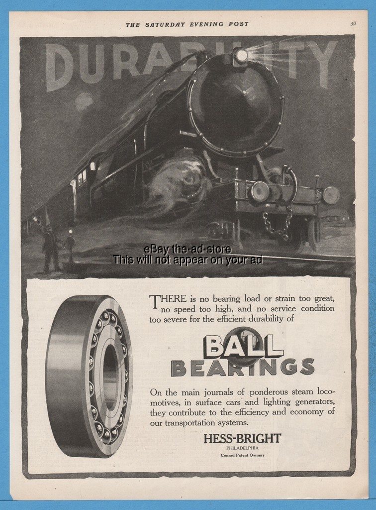 1918 Steam Locomotive art Hess Bright Ball Bearings Philadelphia Pennsylvania ad