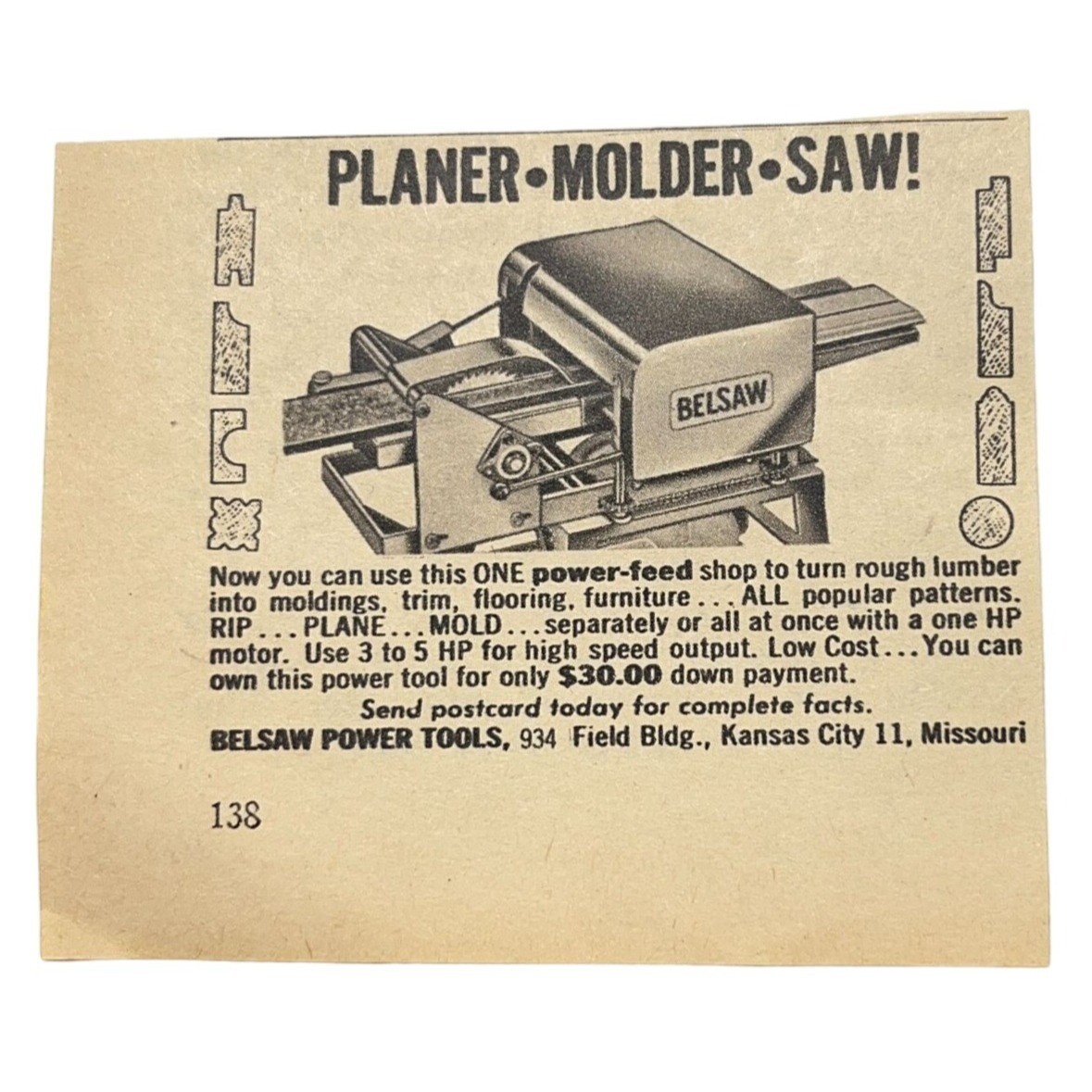 Belsaw Power Tools Vintage Print Ad 1960s Kansas City MO Planer Molder Saw