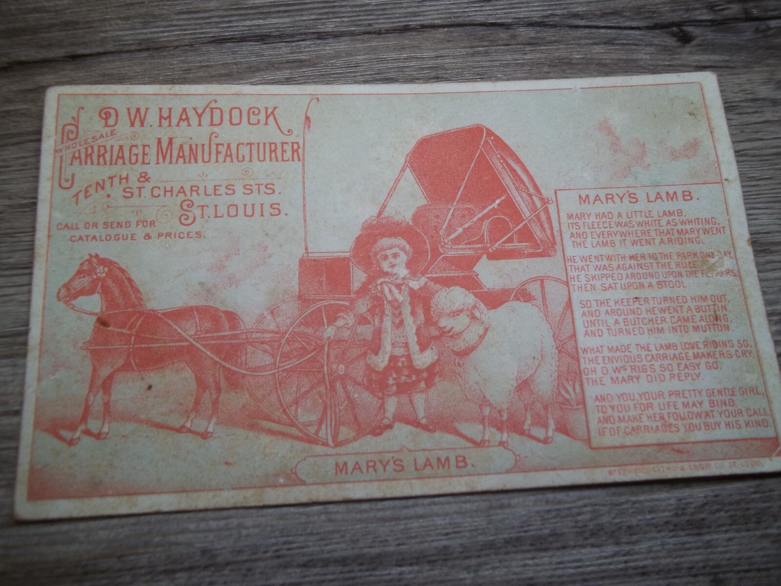 antique Trade card D.W. Haydock carriage manu St Louis mo 10th & St. Charles Z29