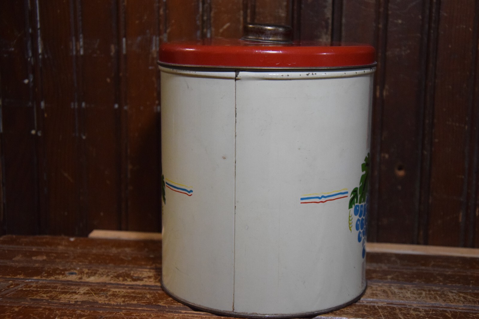 COOKIE FLOUR KITCHEN TIN LITHOGRAPHED METAL LID 1940s VINTAGE STORAGE 1 GALLON