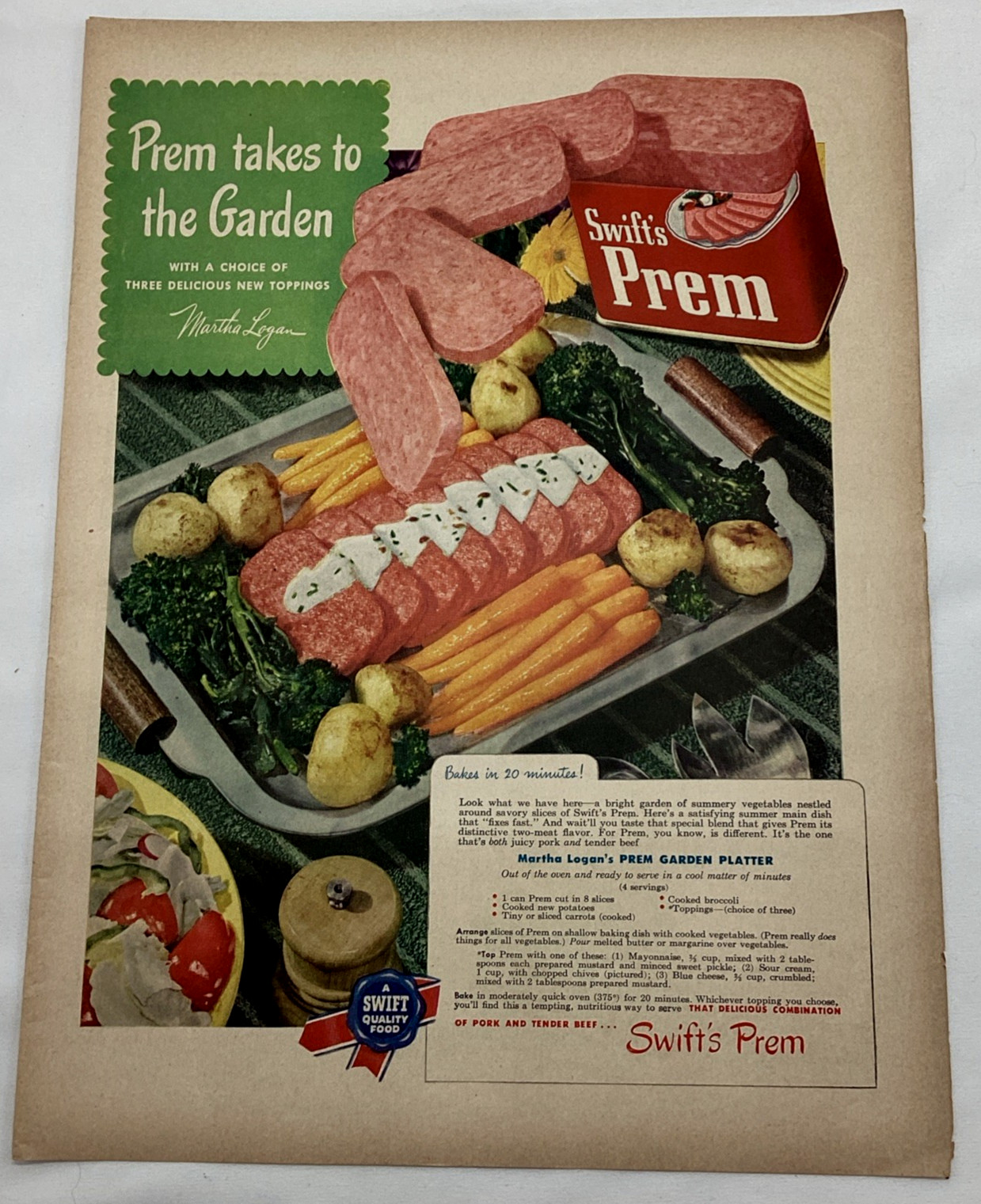 Swift’s Prem Recipe Martha Logan’s Prem Garden Platter Vtg Magazine Print Ad