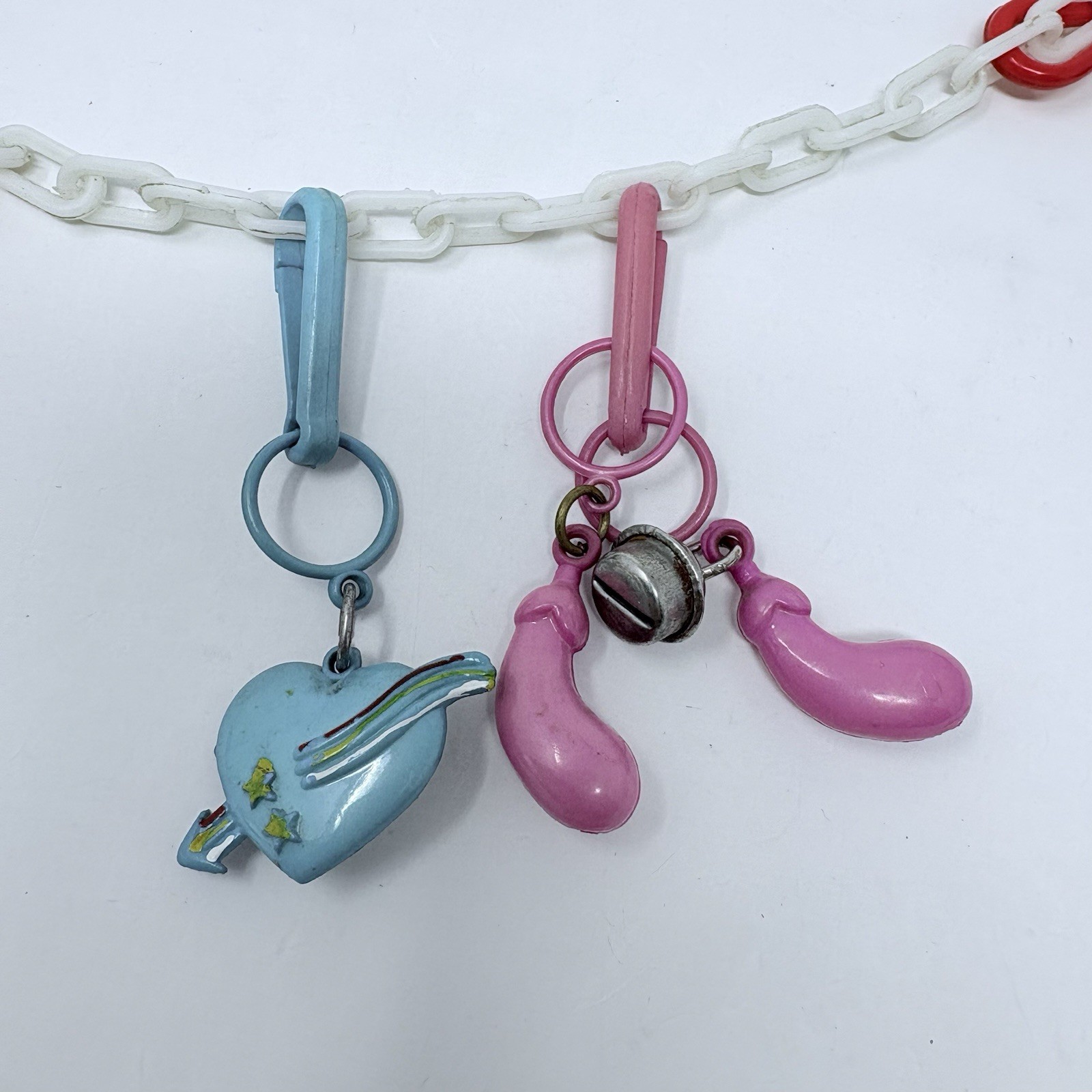 Vintage 1980s White Green Necklaces & 12 Plastic Clip On Charms Bell Charms