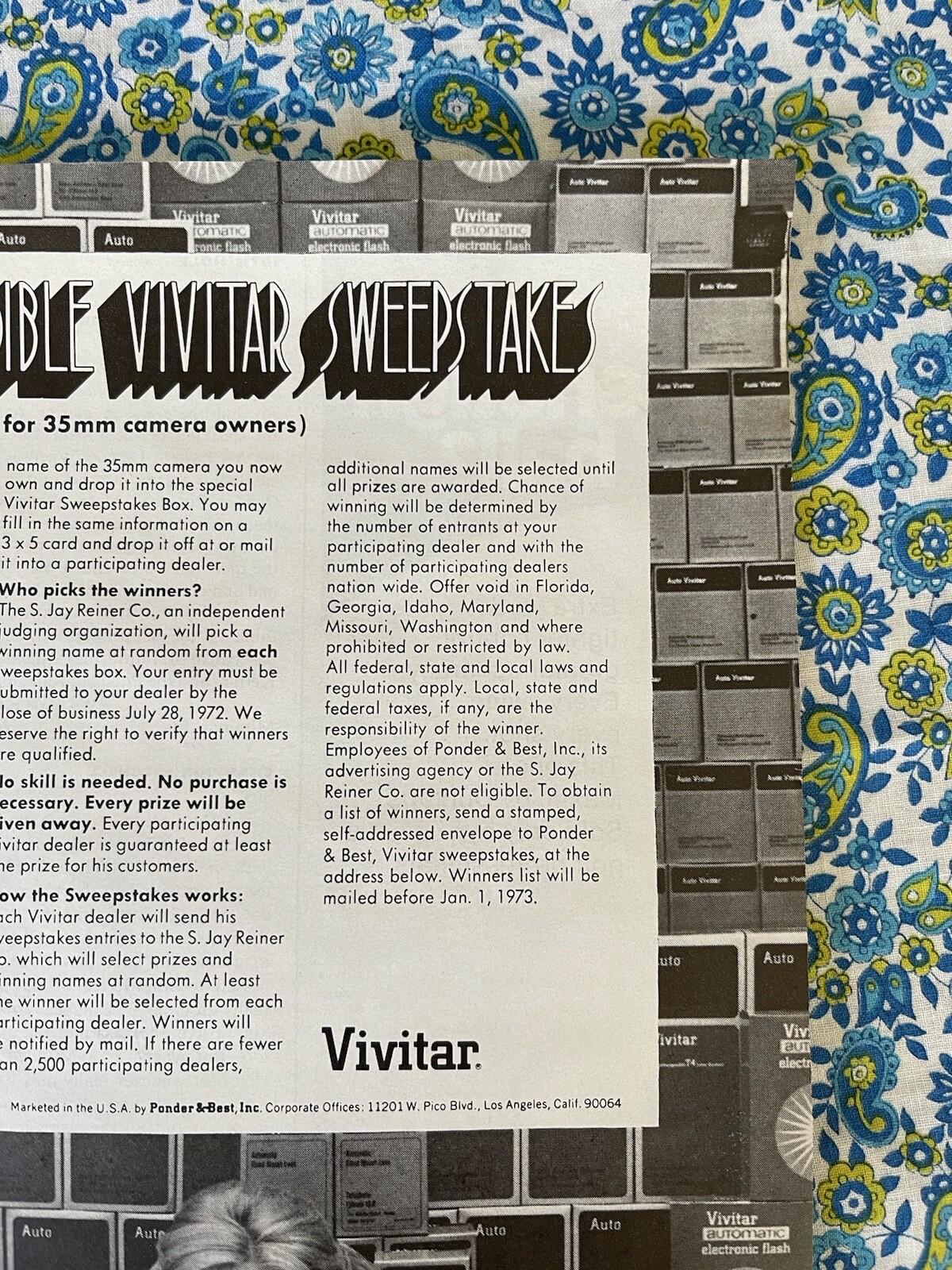 Vintage 1972 Vivitar Sweepstakes Print Ad Cameras Lenses Giveaway One Page