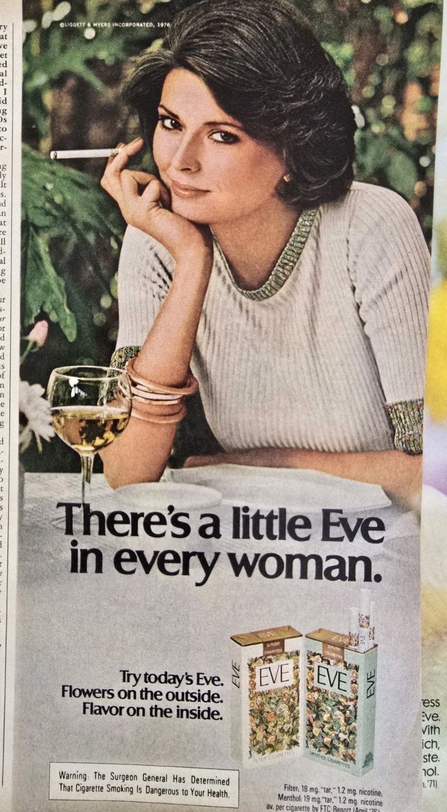 1976 Eve Cigarettes There’s a little in every woman lady smoking vintage ad