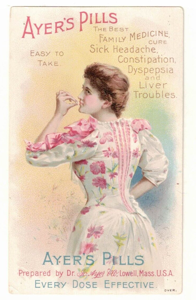c1880 Ad Card: Ayer’s Family Medicine – Women in Pink and White Dress