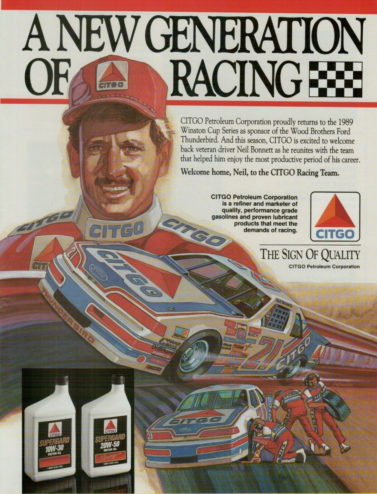1989 Citgo Petroleum Wood Brothers Ford Neil Bonnett #21 Oil VINTAGE PRINT AD