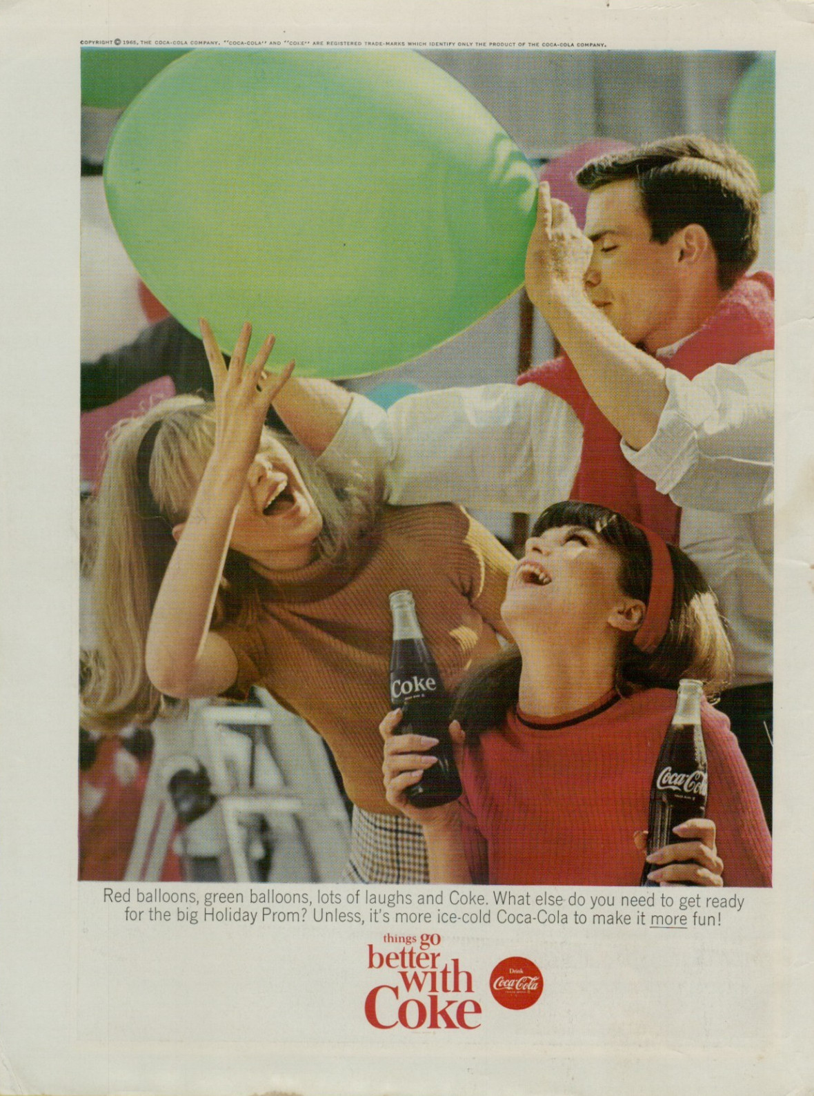 1965 Coca-Cola Coke Soda Red Green Balloons Laughs Coeds Photo VINTAGE PRINT AD