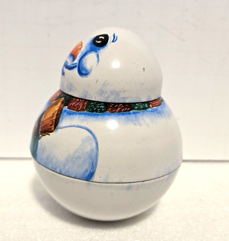 Multicolor Roly Poly Tin Snowman 3 1/2″ Tall. The Tin Box Company of America