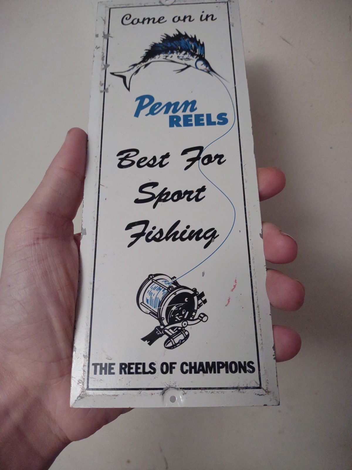 SCARCE VINTAGE PENN FISHING REELS PAINTED METAL DOOR SIGN BATE SHOP MARLIN