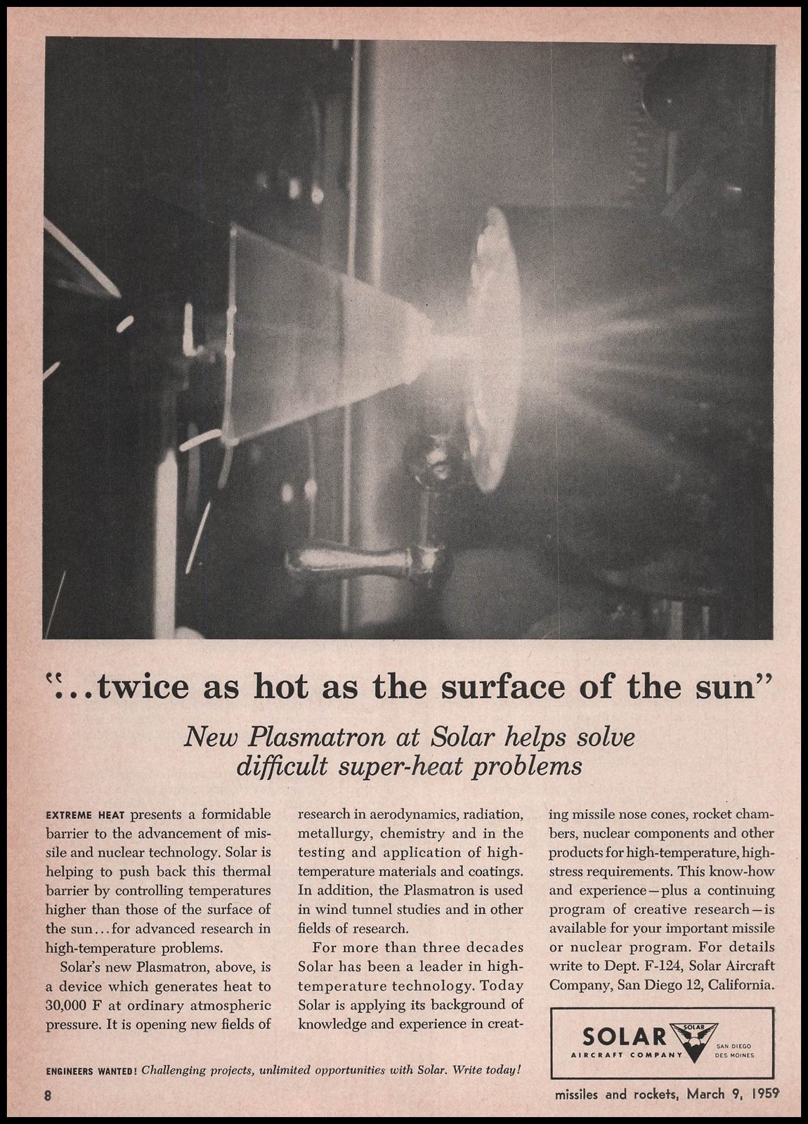 1959 Solar Aircraft San Diego Photo Plasmatron Twice As Hot As The Sun Print Ad