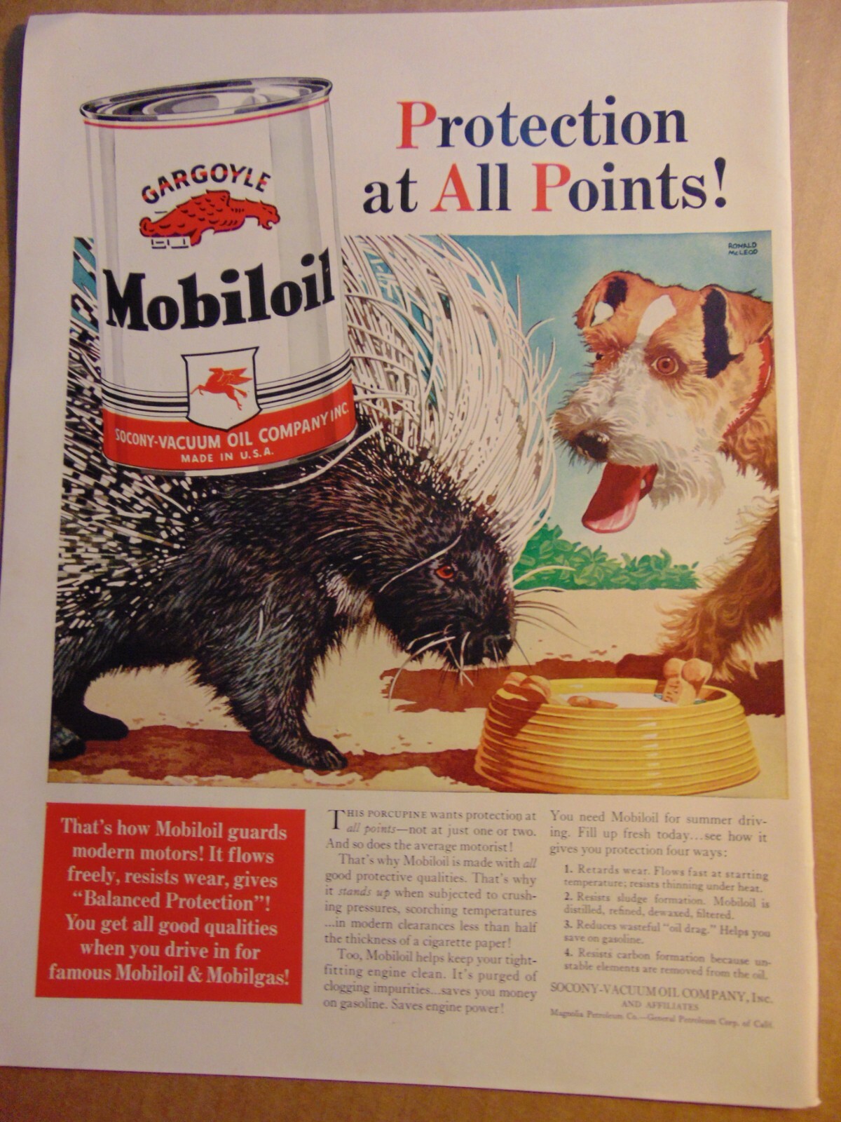 1940 GARGOYLE MOBILOIL Porcupine Pup vintage art print ad