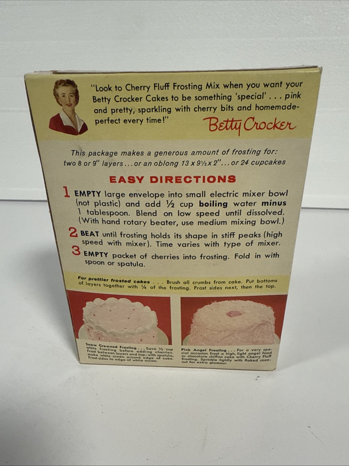 Vintage 1963 Betty Crocker Cherry Fluff Frosting Mix Box Sealed Display PYREX??