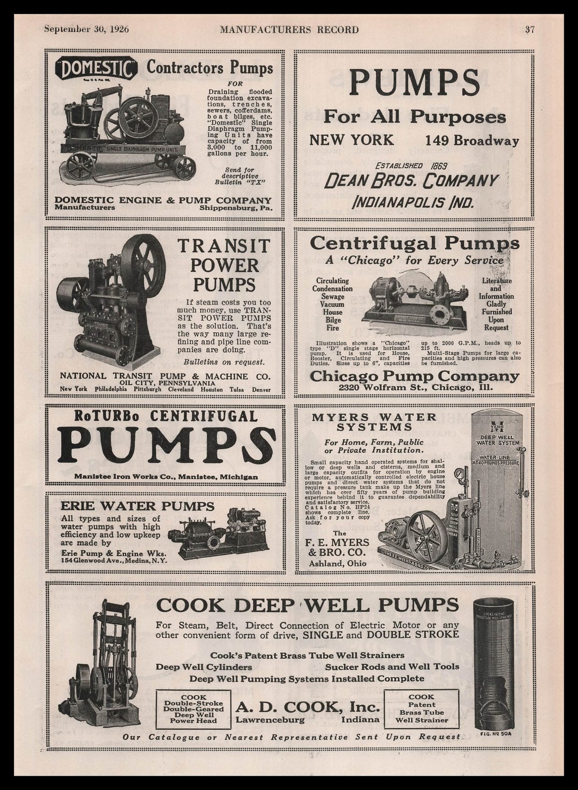 1926 A. D. Cook Inc. Deep Well Pumps Lawrenceburg Indiana Vintage Print Ad