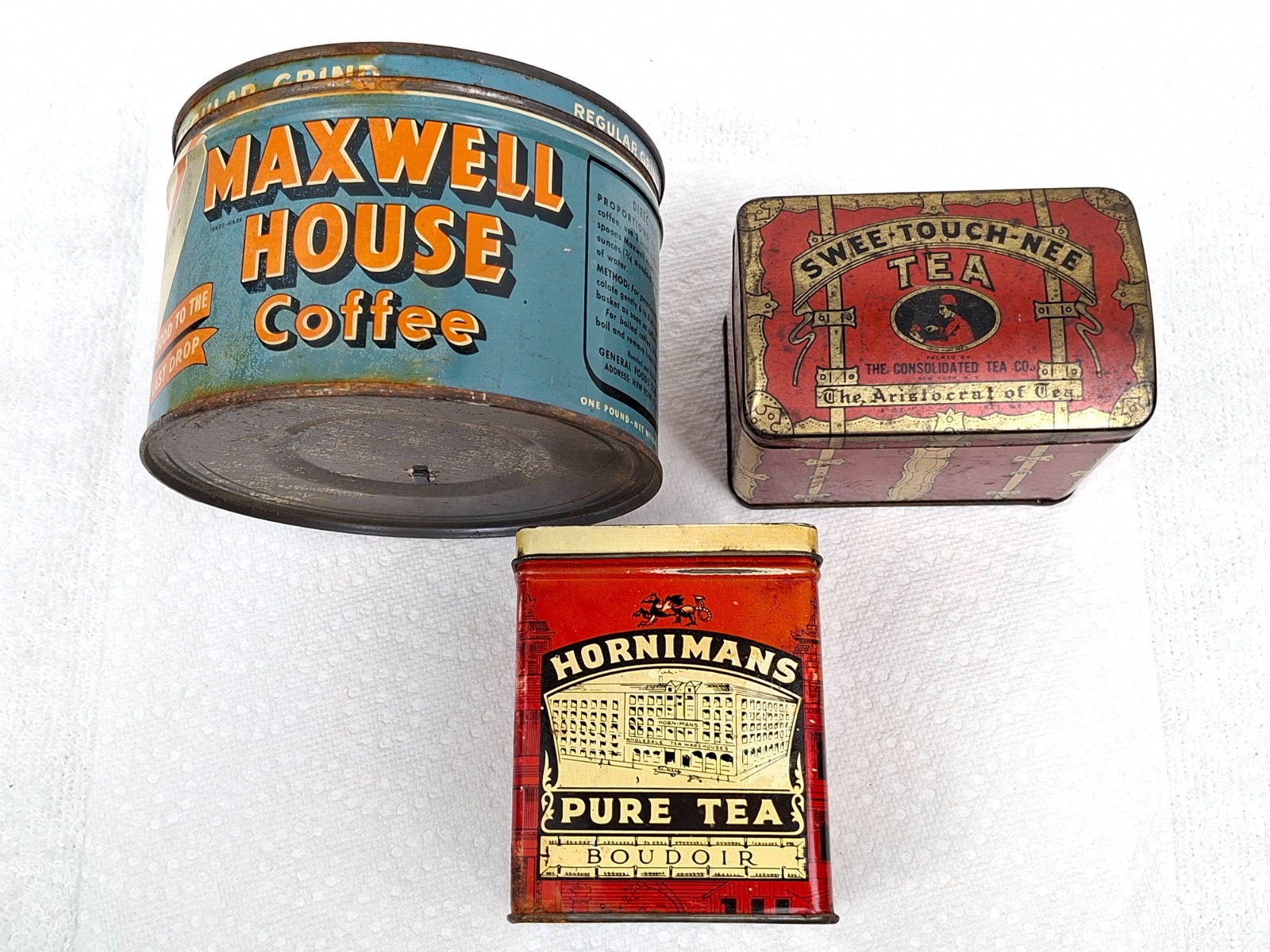 Vintage Coffee and Tea Tin Lot of 3 Hornimans Swee Touch Nee Maxwell House
