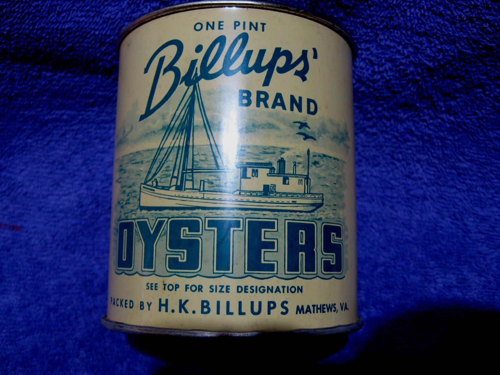 Vintage Oyster Tin Can Billups’ Brand Oysters Mathews, VA. NOS ONE PINT Tin