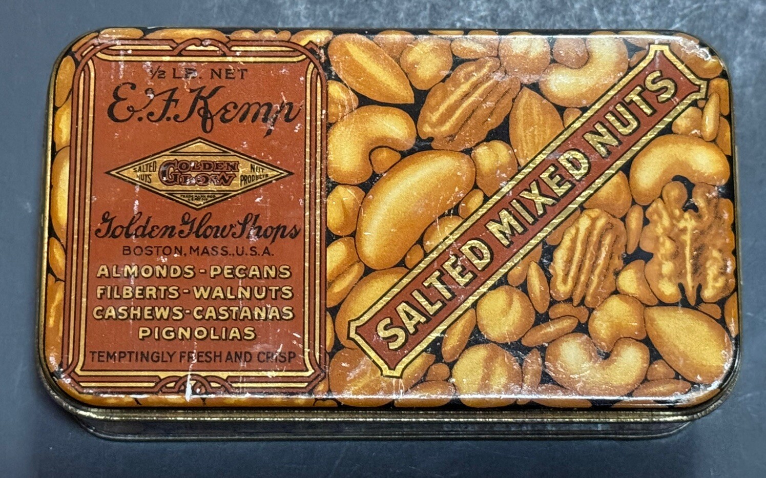 Tin Litho EF Kemp Golden Glow Boston Salted Mixed Nuts Advertising Box Vintage