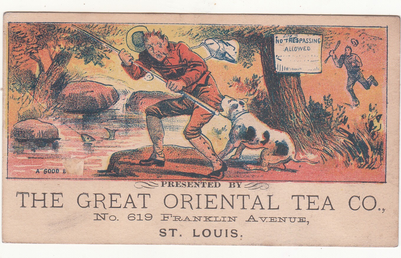 Great Oriental Tea Co St Louis A GOOD BITE Fisherman Dog Vict Card c1880s