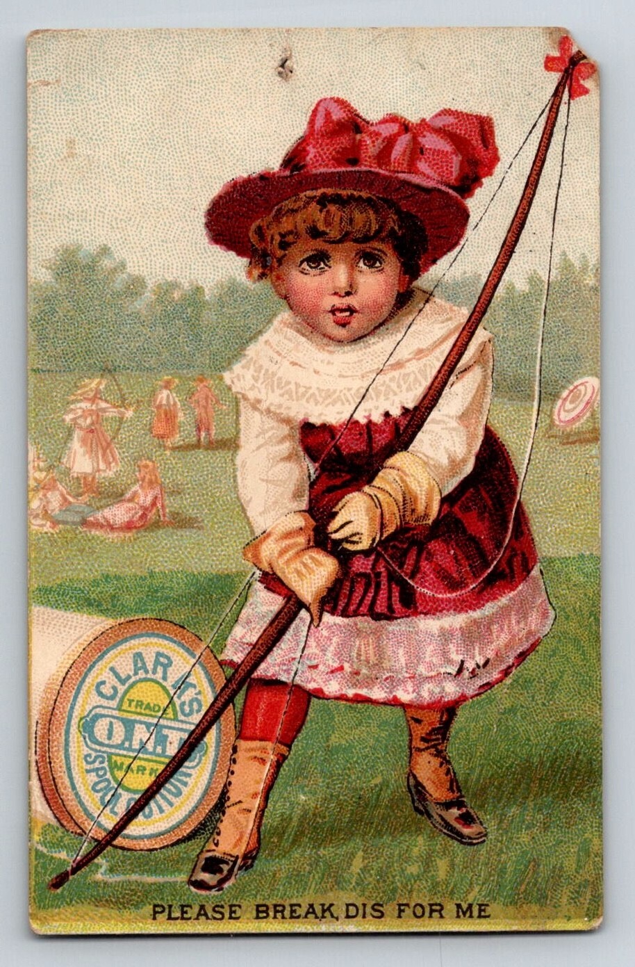 Victorian Trade Card Clarks O.N.T. Little Girl Archery Sewing 2.5″ x 4″