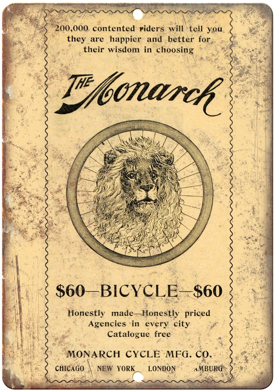 The Monarch Bicycle Vintage Art Ad 12″ x 9″ Reproduction Metal Sign B394