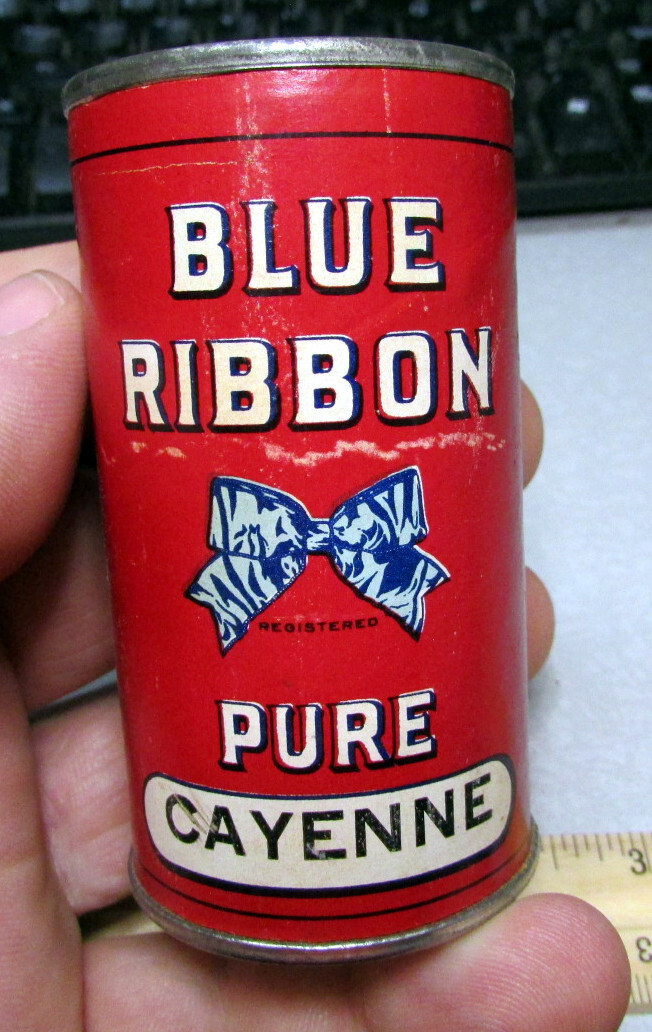 VINTAGE RARE Blue Ribbon Pure Cayenne mostly full 1.5 oz spice container tin