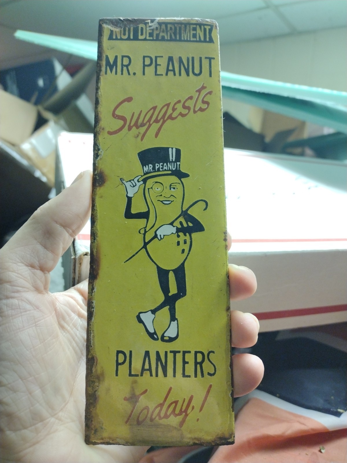 VINTAGE PLANTERS PEANUTS PORCELAIN SIGN OLD NUT SNACK FOOD MR. PEANUT DIECUT