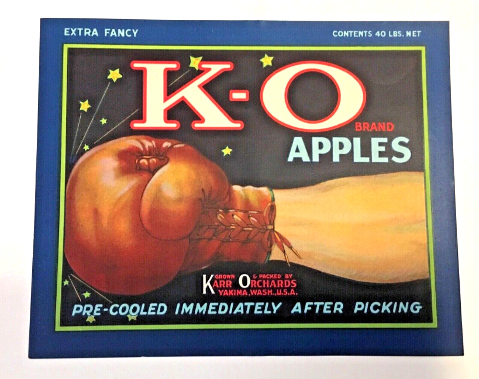 K-O Brand Apples Boxing Graphic Original Crate Label Karr Orchards Washington